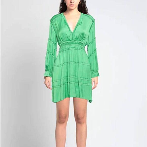 Maje Satin Pleated Mini Dress Sz 34 XS Ruffled Smocked V Neck Long Sleeves Fairy - Picture 10 of 13